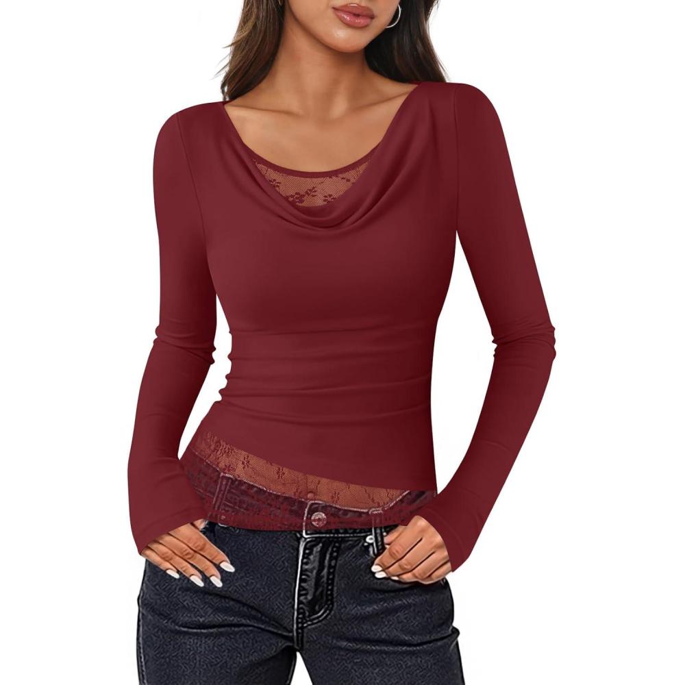 imageZESICA Womens Fall Long Sleeve Tops 2026 Casual Cowl Neck Lace Slim Fit Going Out Y2k Knit Shirts BlousesWine