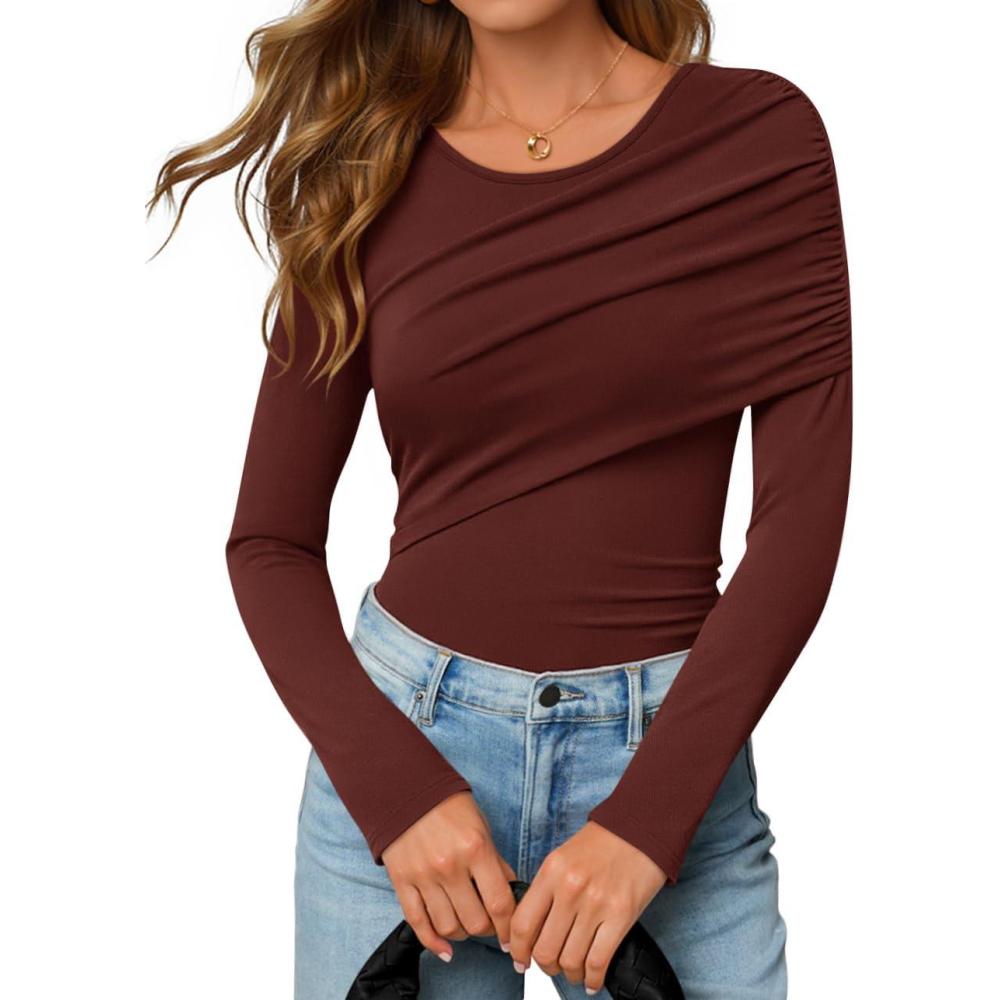 imageZESICA Womens Fall Long Sleeve Tops 2026 Casual Crewneck Ruched Shirts Slim Fit Going Out Y2K BlousesRust