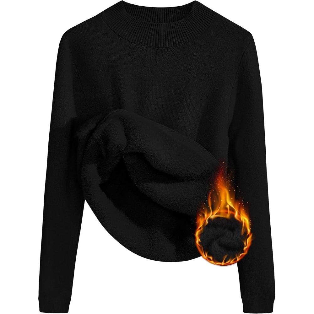 imageZESICA Womens Fleece Sherpa Lined Sweater 2026 Winter Thermal Shirts Long Sleeve Mock Neck Slim Fitted Pullover TopsBlack