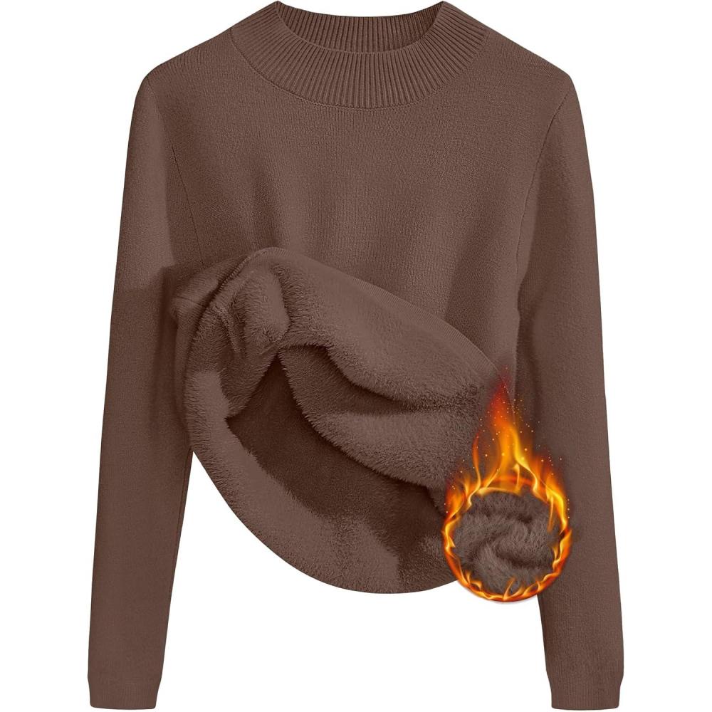 imageZESICA Womens Fleece Sherpa Lined Sweater 2026 Winter Thermal Shirts Long Sleeve Mock Neck Slim Fitted Pullover TopsCoffee