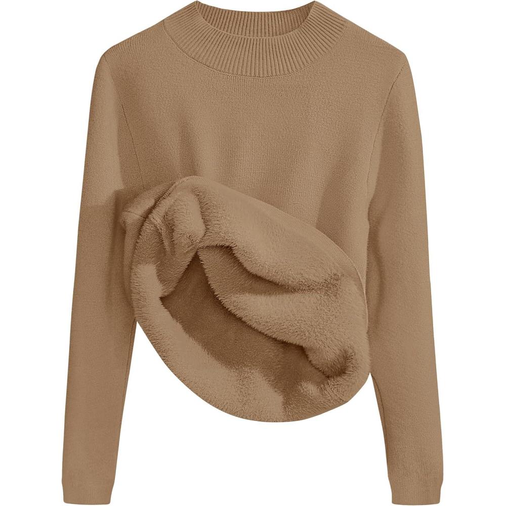 imageZESICA Womens Fleece Sherpa Lined Sweater 2026 Winter Thermal Shirts Long Sleeve Mock Neck Slim Fitted Pullover TopsKhaki