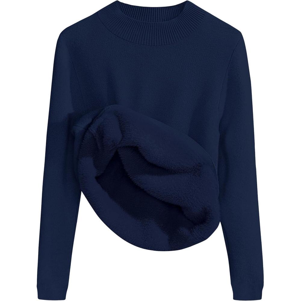 imageZESICA Womens Fleece Sherpa Lined Sweater 2026 Winter Thermal Shirts Long Sleeve Mock Neck Slim Fitted Pullover TopsNavy