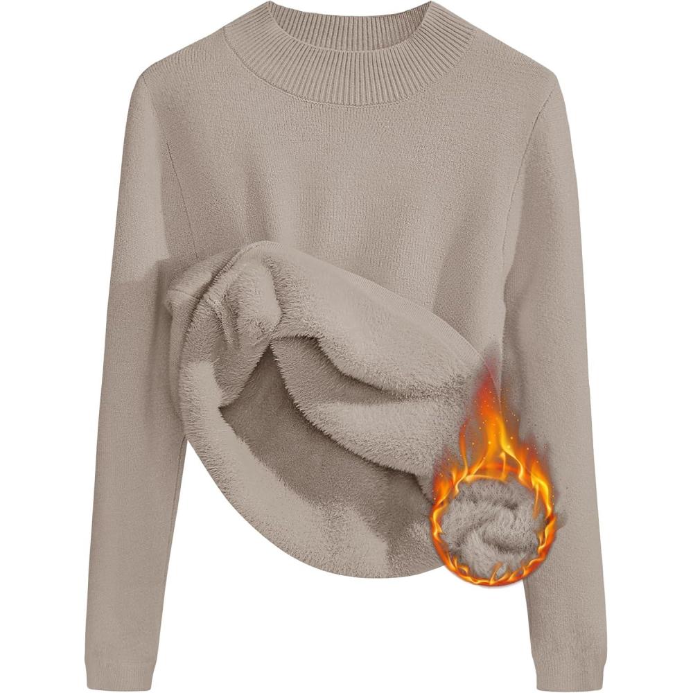 imageZESICA Womens Fleece Sherpa Lined Sweater 2026 Winter Thermal Shirts Long Sleeve Mock Neck Slim Fitted Pullover TopsOats