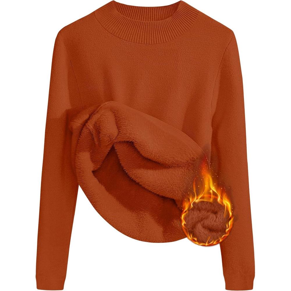 imageZESICA Womens Fleece Sherpa Lined Sweater 2026 Winter Thermal Shirts Long Sleeve Mock Neck Slim Fitted Pullover TopsRust