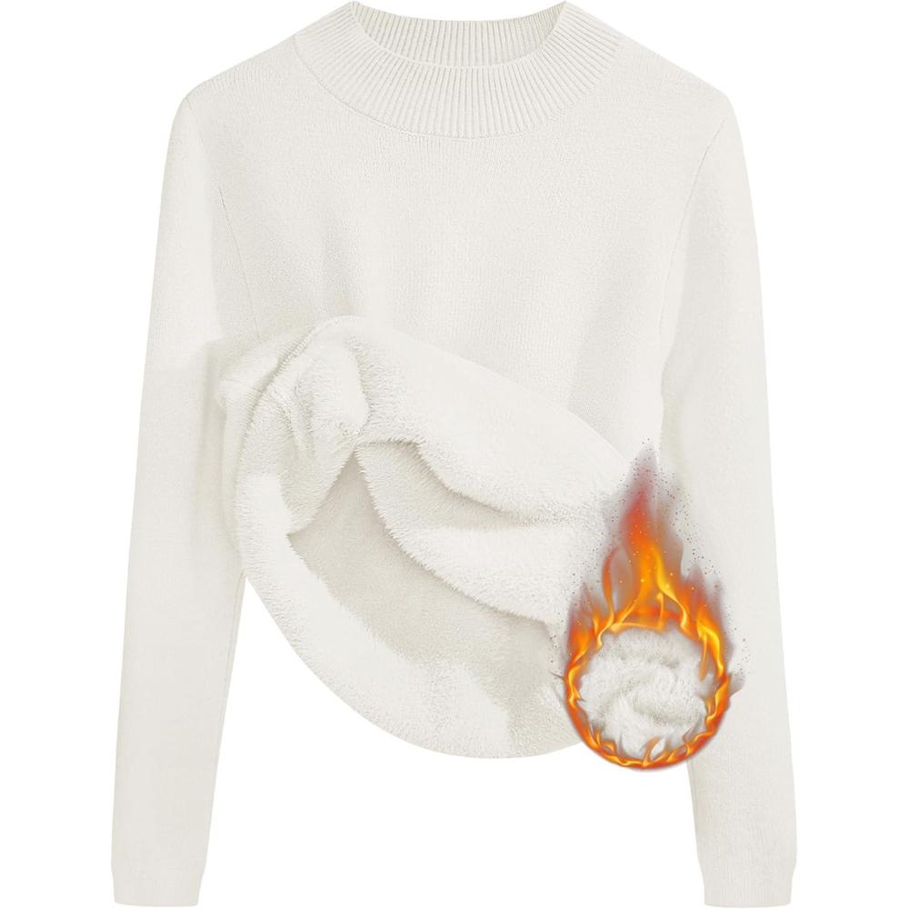 imageZESICA Womens Fleece Sherpa Lined Sweater 2026 Winter Thermal Shirts Long Sleeve Mock Neck Slim Fitted Pullover TopsWhite
