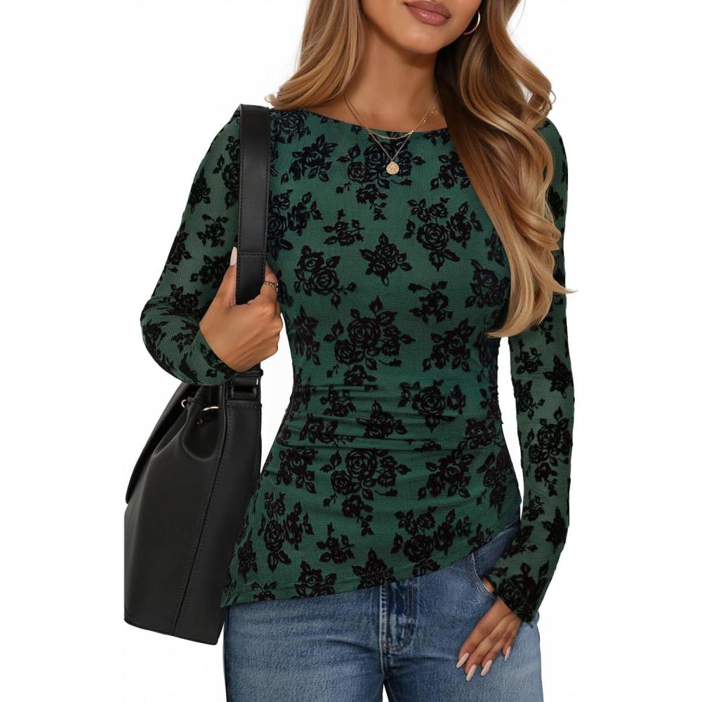 imageZESICA Womens Floral Long Sleeve Shirts 2026 Spring Boat Neck Mesh Ruched Tops Fitted Asymmetrical Going Out BlousesGreen