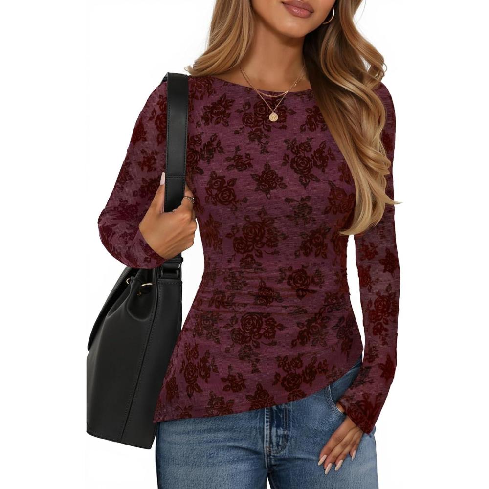 imageZESICA Womens Floral Long Sleeve Shirts 2026 Spring Boat Neck Mesh Ruched Tops Fitted Asymmetrical Going Out BlousesWine