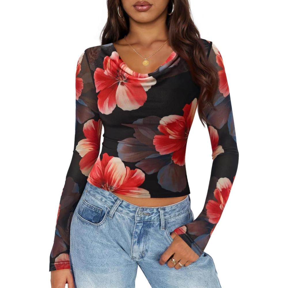 imageZESICA Womens Floral Mesh Long Sleeve Tops 2026 Fall Cowl Neck Slim Fit Going Out Y2k Shirts Trendy Date Night OutfitsBlack