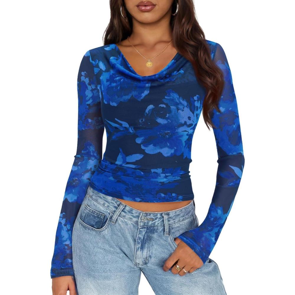 imageZESICA Womens Floral Mesh Long Sleeve Tops 2026 Fall Cowl Neck Slim Fit Going Out Y2k Shirts Trendy Date Night OutfitsDark Blue