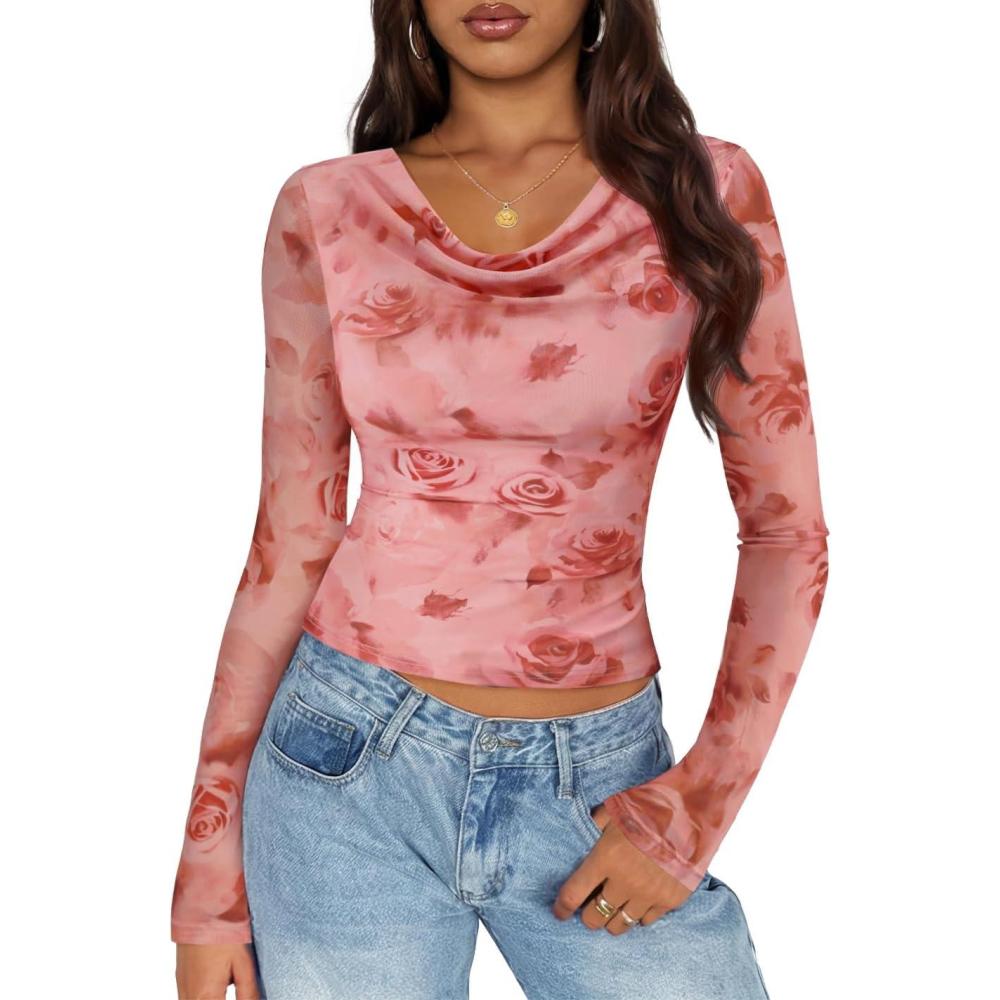 imageZESICA Womens Floral Mesh Long Sleeve Tops 2026 Fall Cowl Neck Slim Fit Going Out Y2k Shirts Trendy Date Night OutfitsPink