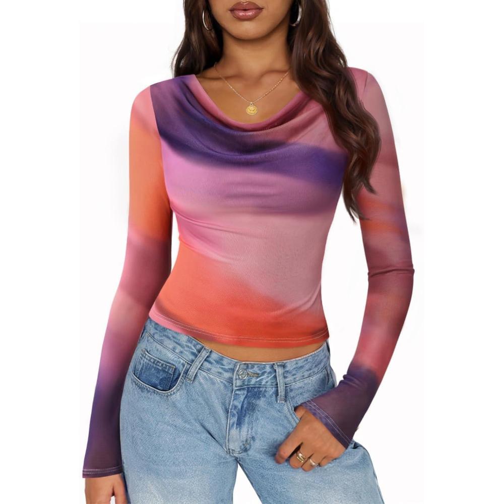 imageZESICA Womens Floral Mesh Long Sleeve Tops 2026 Fall Cowl Neck Slim Fit Going Out Y2k Shirts Trendy Date Night OutfitsPurple