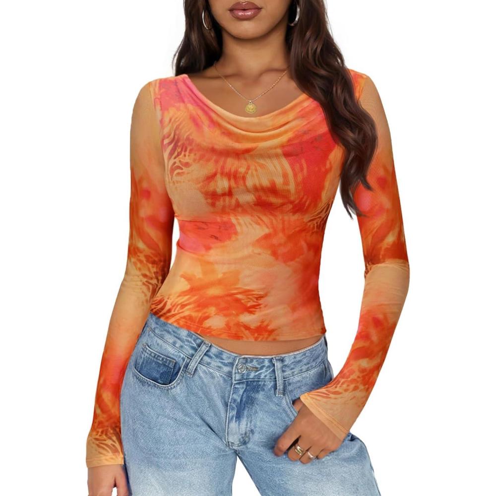 imageZESICA Womens Floral Mesh Long Sleeve Tops 2026 Fall Cowl Neck Slim Fit Going Out Y2k Shirts Trendy Date Night OutfitsTangerine