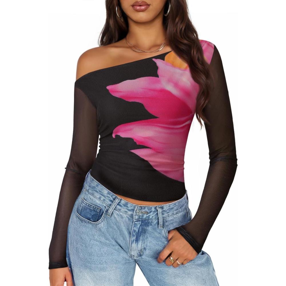 imageZESICA Womens Floral Off Shoulder Long Sleeve Tops 2026 Spring Mesh Ruched Fitted Trendy Going Out Shirts BlousesBlack