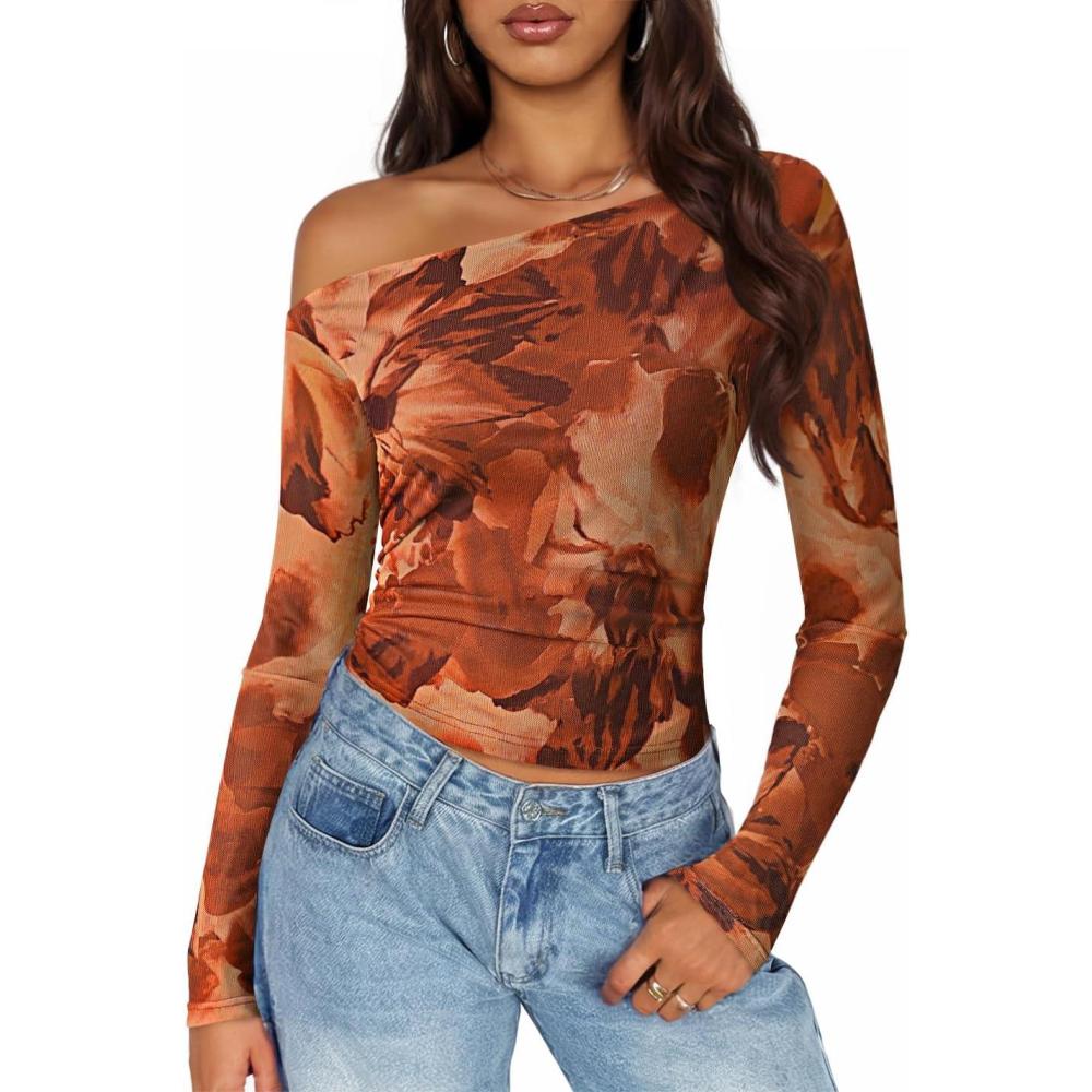 imageZESICA Womens Floral Off Shoulder Long Sleeve Tops 2026 Spring Mesh Ruched Fitted Trendy Going Out Shirts BlousesBrown