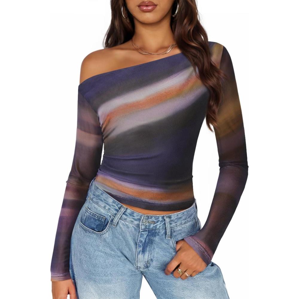 imageZESICA Womens Floral Off Shoulder Long Sleeve Tops 2026 Spring Mesh Ruched Fitted Trendy Going Out Shirts BlousesDarkpurple