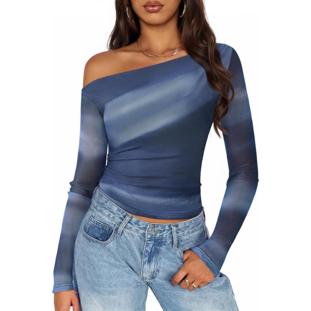 imageZESICA Womens Floral Off Shoulder Long Sleeve Tops 2026 Spring Mesh Ruched Fitted Trendy Going Out Shirts BlousesDustyblue