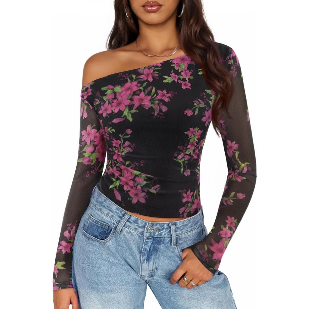 imageZESICA Womens Floral Off Shoulder Long Sleeve Tops 2026 Spring Mesh Ruched Fitted Trendy Going Out Shirts BlousesEbony