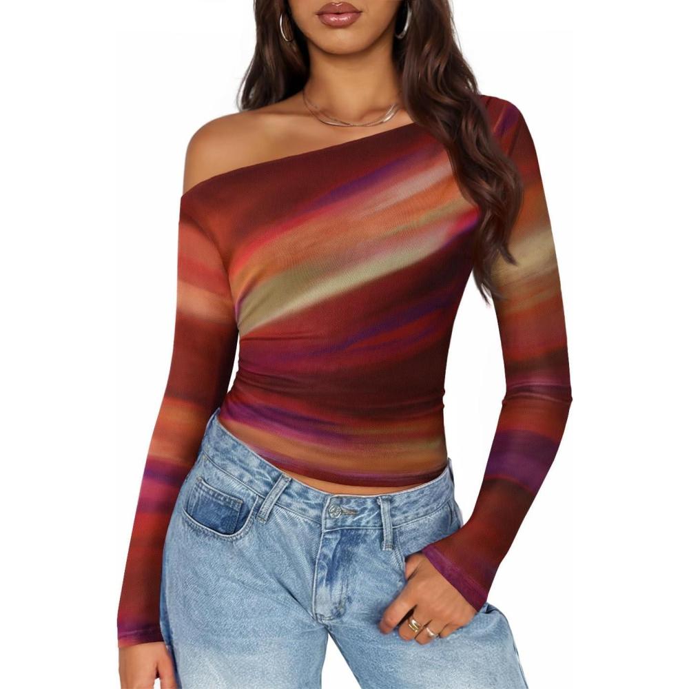 imageZESICA Womens Floral Off Shoulder Long Sleeve Tops 2026 Spring Mesh Ruched Fitted Trendy Going Out Shirts BlousesFuchsia