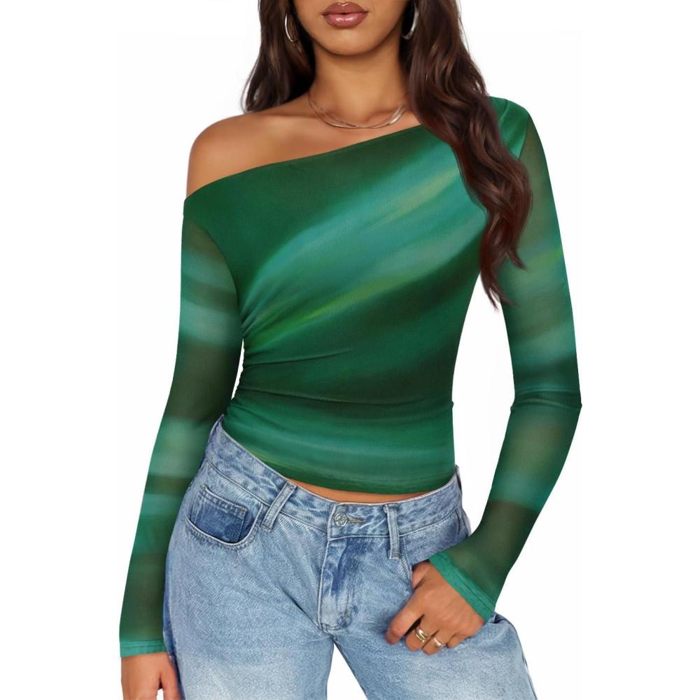 imageZESICA Womens Floral Off Shoulder Long Sleeve Tops 2026 Spring Mesh Ruched Fitted Trendy Going Out Shirts BlousesGreen