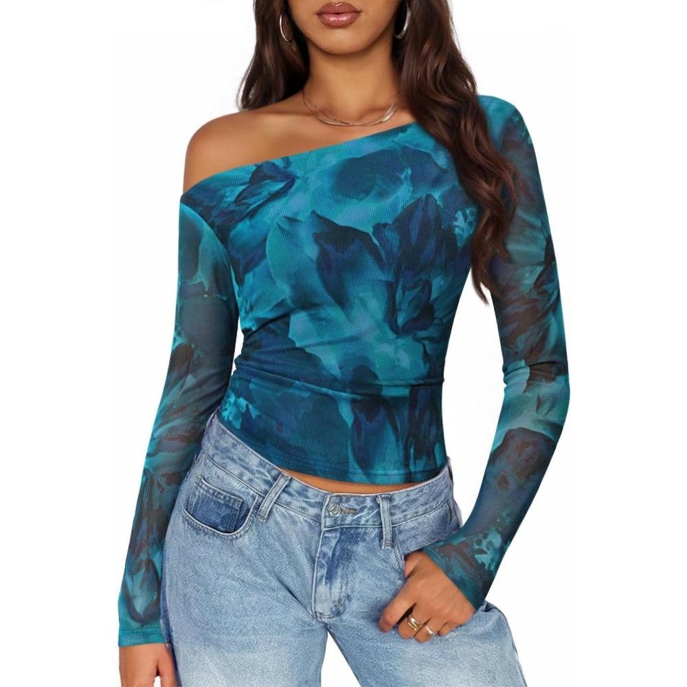 imageZESICA Womens Floral Off Shoulder Long Sleeve Tops 2026 Spring Mesh Ruched Fitted Trendy Going Out Shirts BlousesLakeblue