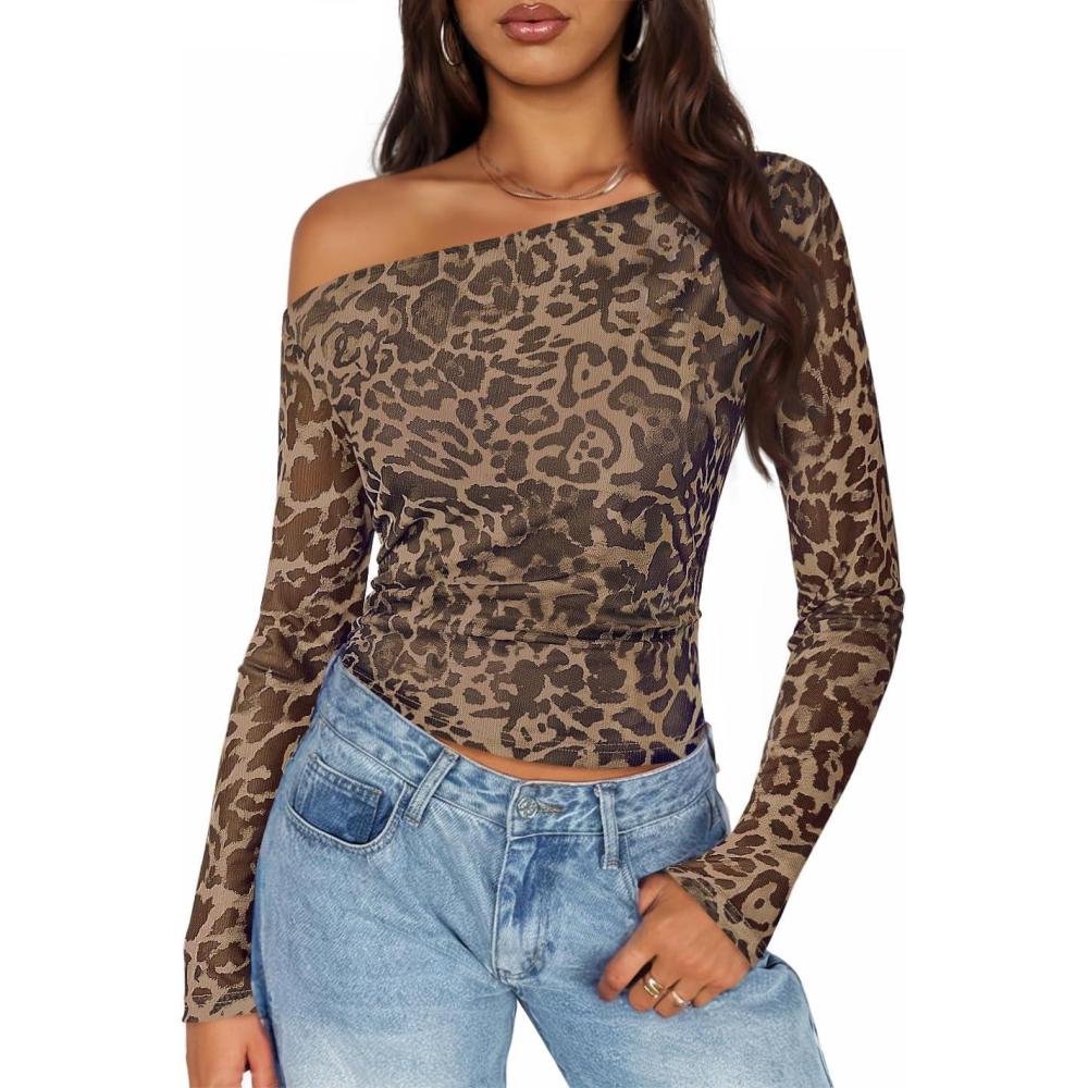 imageZESICA Womens Floral Off Shoulder Long Sleeve Tops 2026 Spring Mesh Ruched Fitted Trendy Going Out Shirts BlousesLeopardbrown