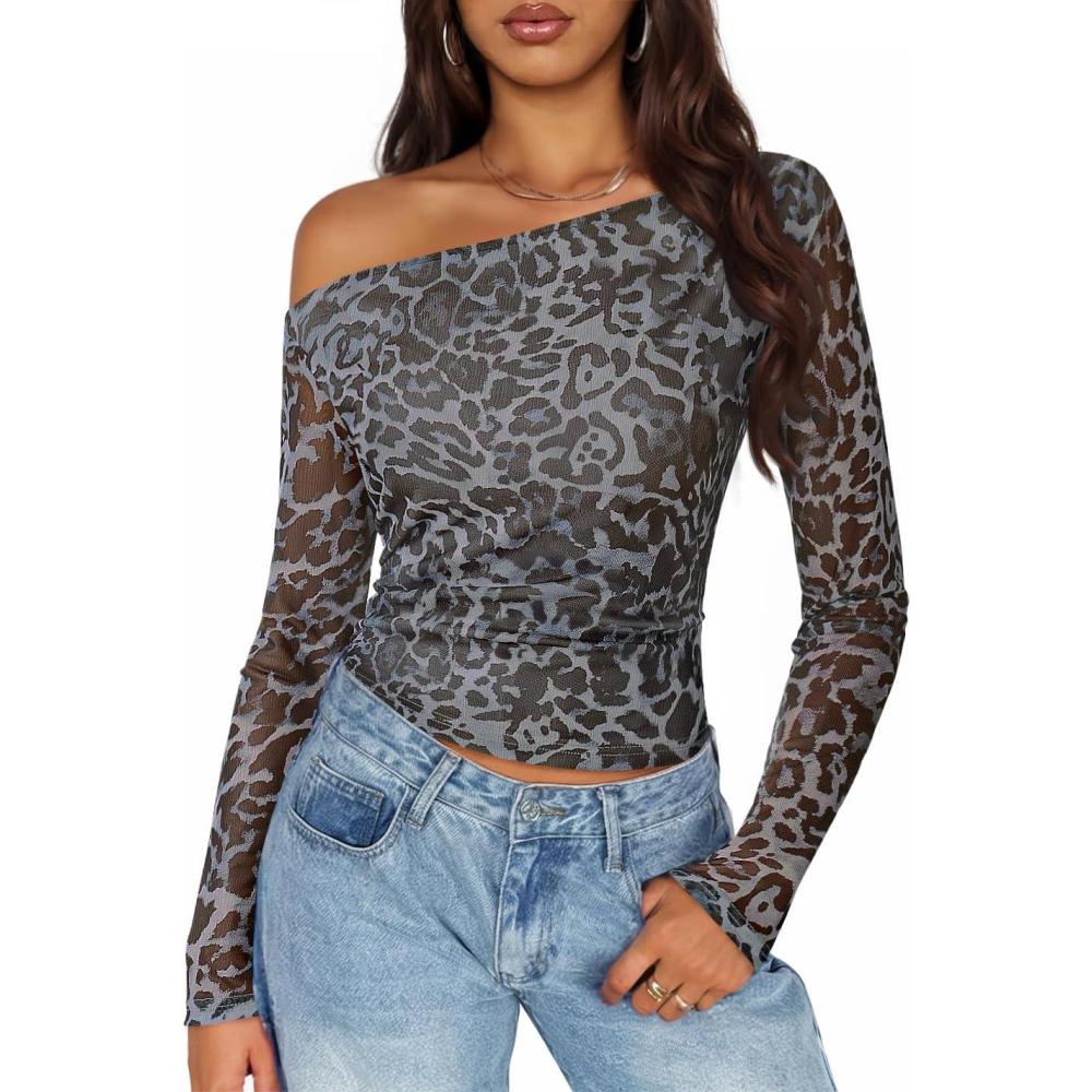 imageZESICA Womens Floral Off Shoulder Long Sleeve Tops 2026 Spring Mesh Ruched Fitted Trendy Going Out Shirts BlousesLeopardgray