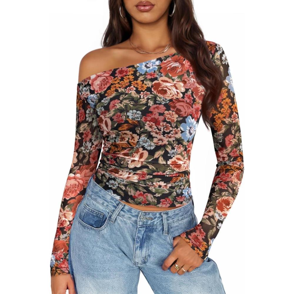 imageZESICA Womens Floral Off Shoulder Long Sleeve Tops 2026 Spring Mesh Ruched Fitted Trendy Going Out Shirts BlousesMulticolour
