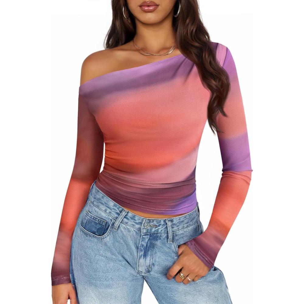imageZESICA Womens Floral Off Shoulder Long Sleeve Tops 2026 Spring Mesh Ruched Fitted Trendy Going Out Shirts BlousesPinkpurple