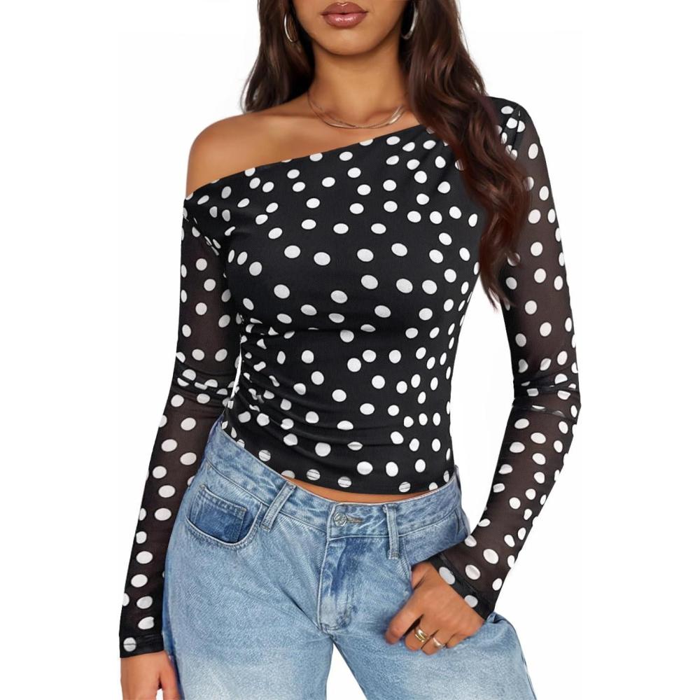 imageZESICA Womens Floral Off Shoulder Long Sleeve Tops 2026 Spring Mesh Ruched Fitted Trendy Going Out Shirts BlousesPointblack