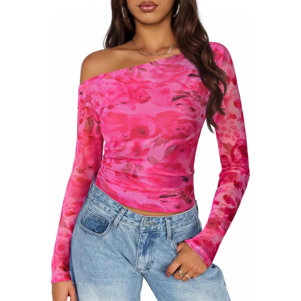 imageZESICA Womens Floral Off Shoulder Long Sleeve Tops 2026 Spring Mesh Ruched Fitted Trendy Going Out Shirts BlousesRose