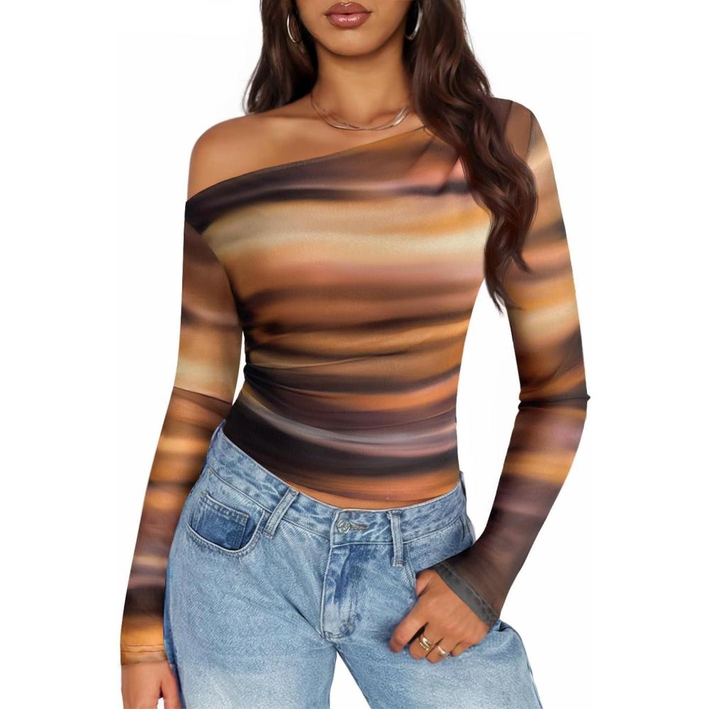 imageZESICA Womens Floral Off Shoulder Long Sleeve Tops 2026 Spring Mesh Ruched Fitted Trendy Going Out Shirts BlousesRosebrown