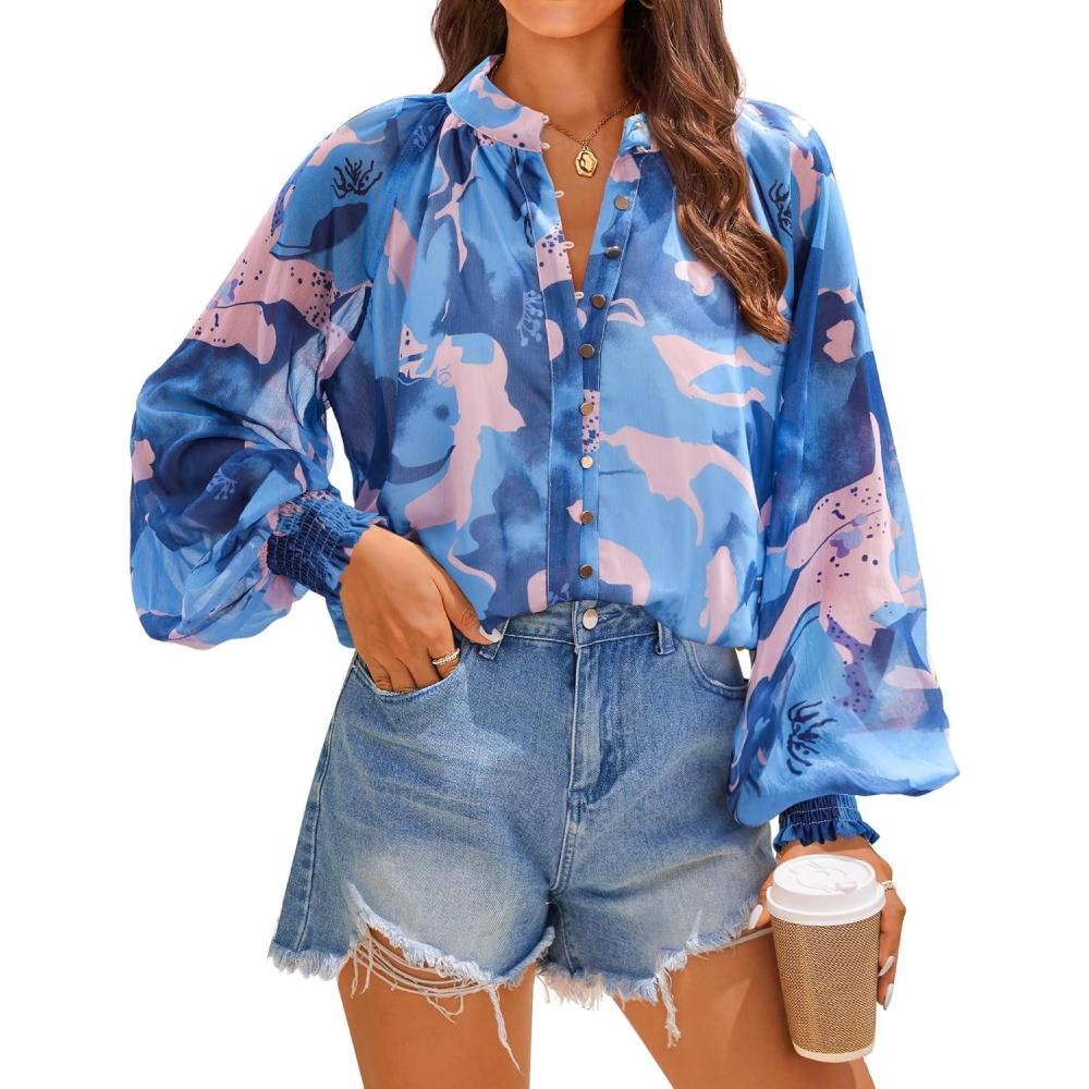 imageZESICA Womens Floral Print Blouse 2026 Long Sleeve Button Down Casual Fall Boho Oversized Tops ShirtsBlock Blue