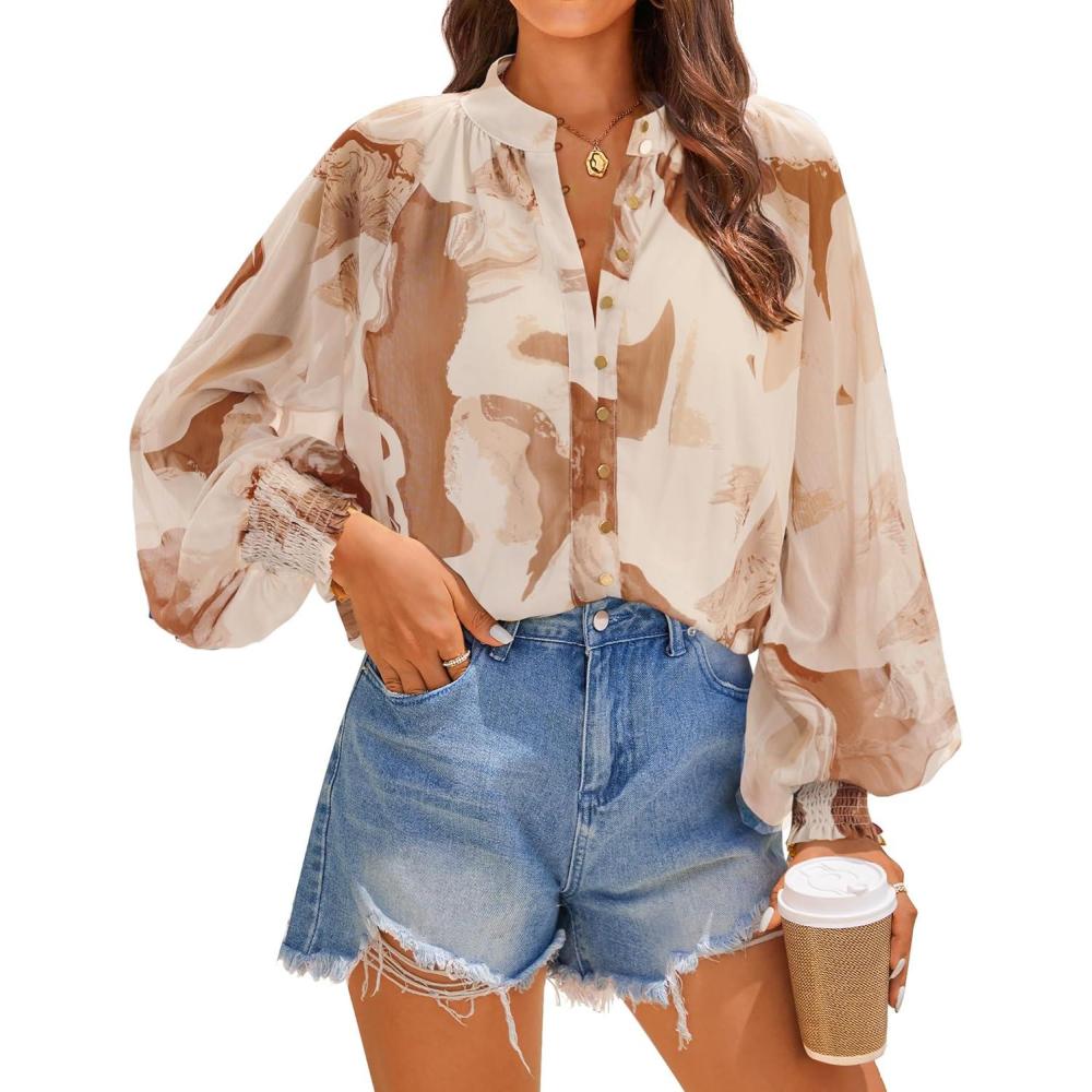 imageZESICA Womens Floral Print Blouse 2026 Long Sleeve Button Down Casual Fall Boho Oversized Tops ShirtsBrown