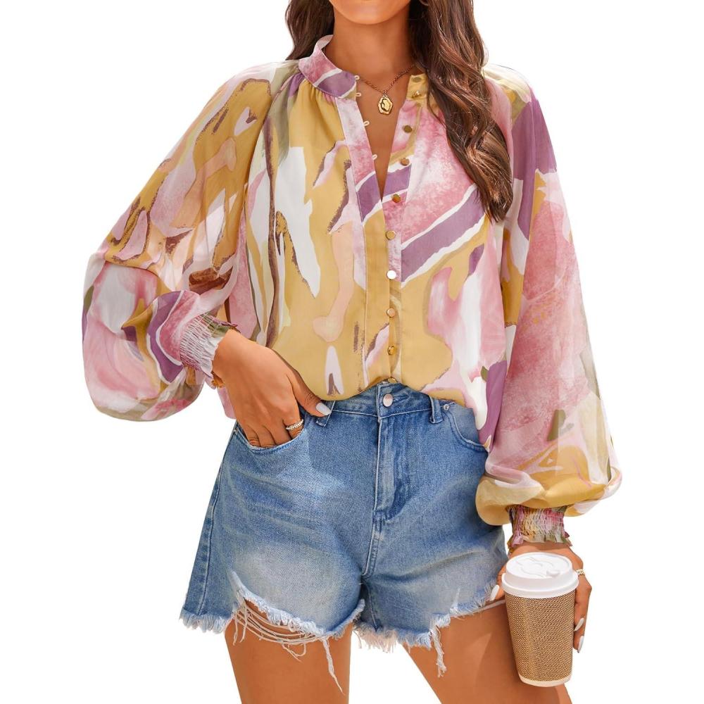 imageZESICA Womens Floral Print Blouse 2026 Long Sleeve Button Down Casual Fall Boho Oversized Tops ShirtsPink