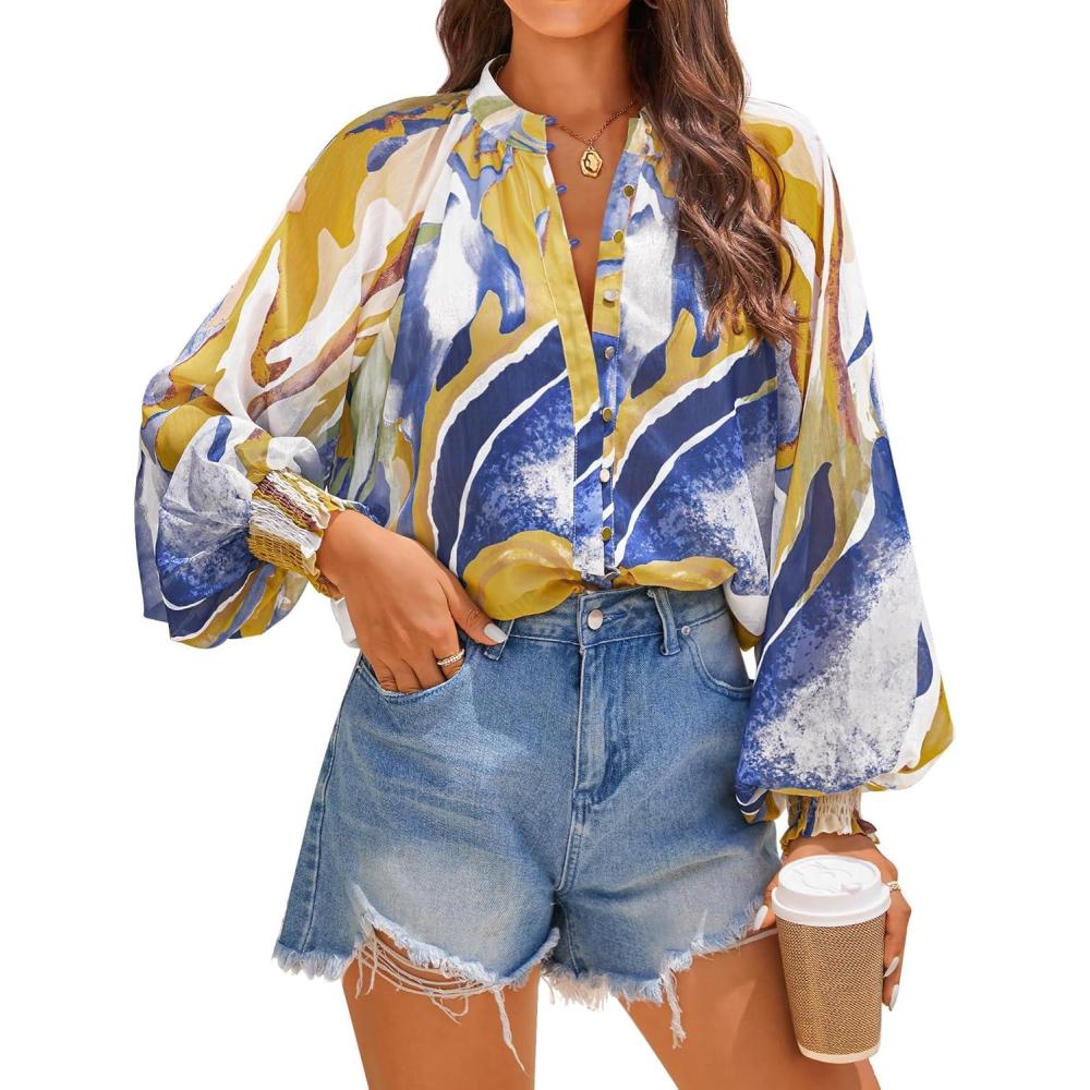 imageZESICA Womens Floral Print Blouse 2026 Long Sleeve Button Down Casual Fall Boho Oversized Tops ShirtsTurquoise