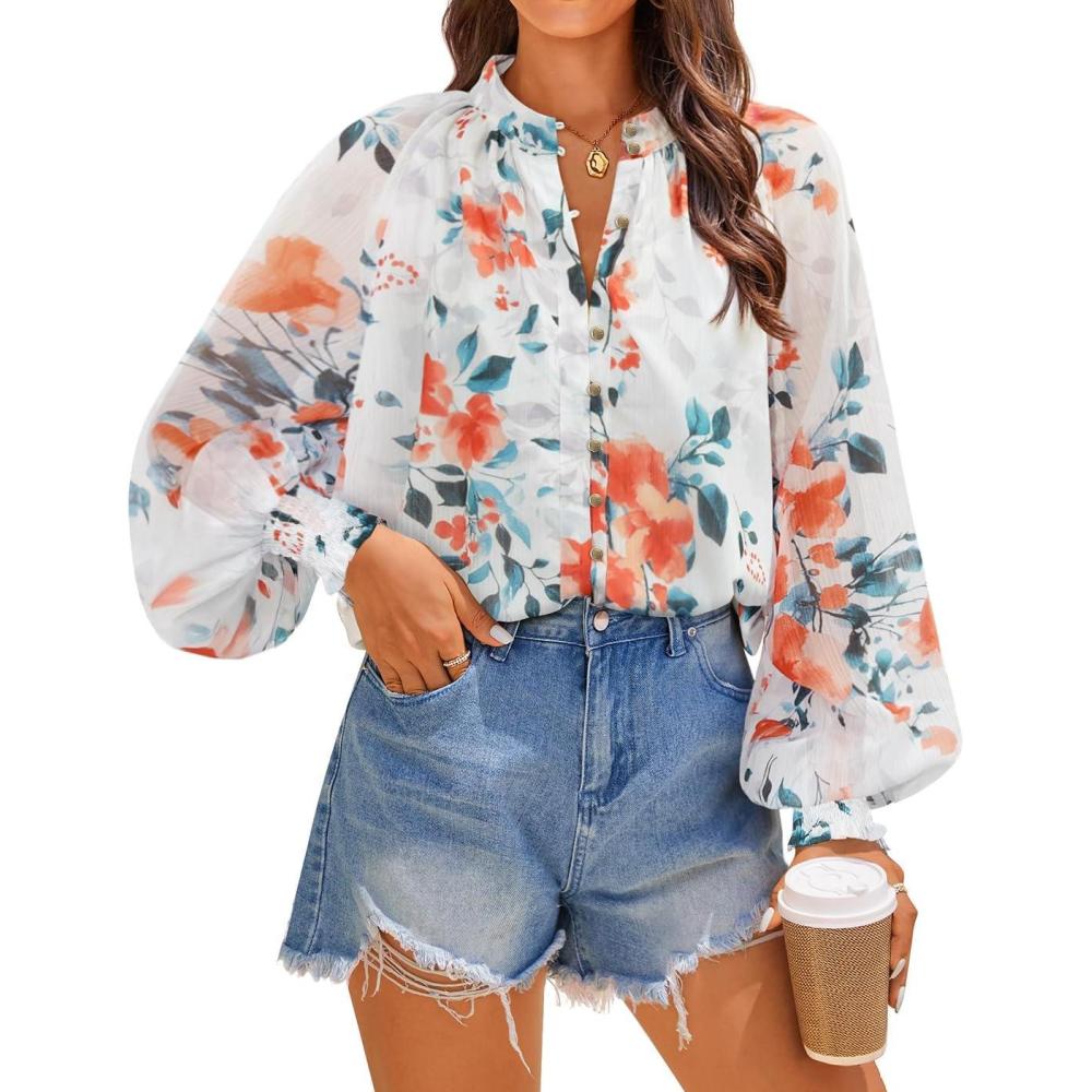 imageZESICA Womens Floral Print Blouse 2026 Long Sleeve Button Down Casual Fall Boho Oversized Tops ShirtsWhite