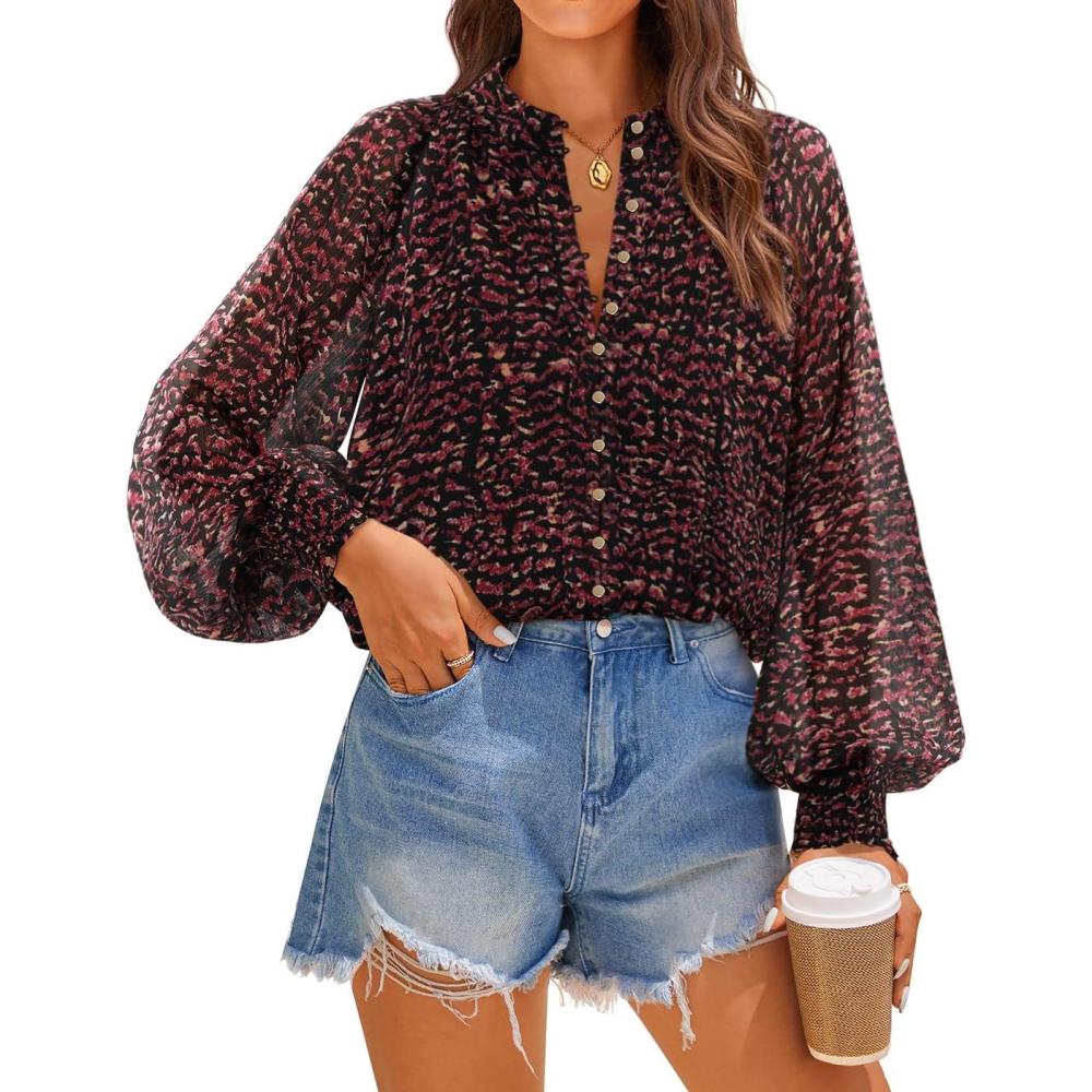 imageZESICA Womens Floral Print Blouse 2026 Long Sleeve Button Down Casual Fall Boho Oversized Tops ShirtsWine Red