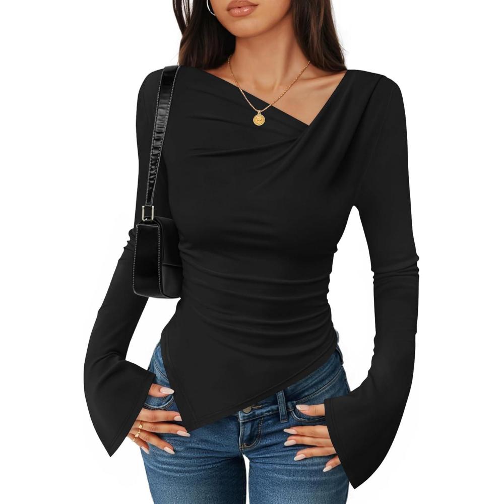 imageZESICA Womens Long Bell Sleeve Shirts 2026 Fall Going Out Asymmetrical Crop Tops Slim Fit Ribbed Ruched Y2K ClothesBlack