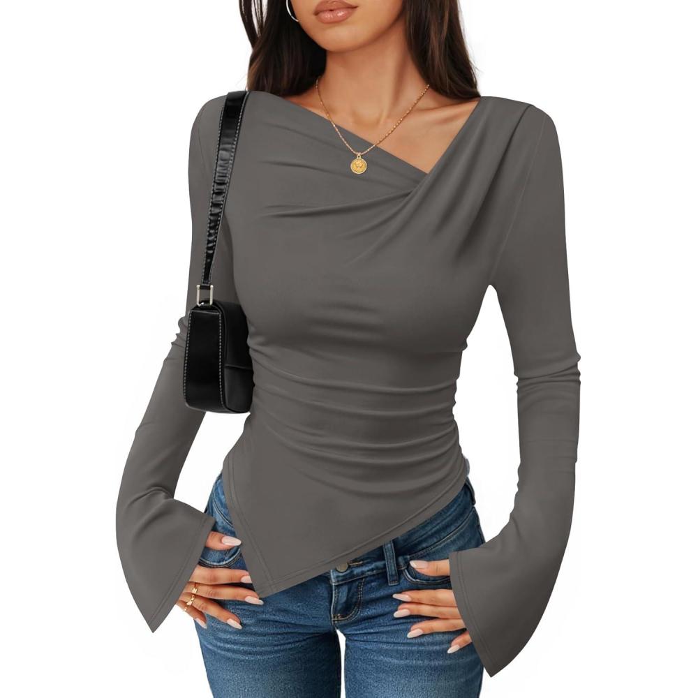 imageZESICA Womens Long Bell Sleeve Shirts 2026 Fall Going Out Asymmetrical Crop Tops Slim Fit Ribbed Ruched Y2K ClothesGrey