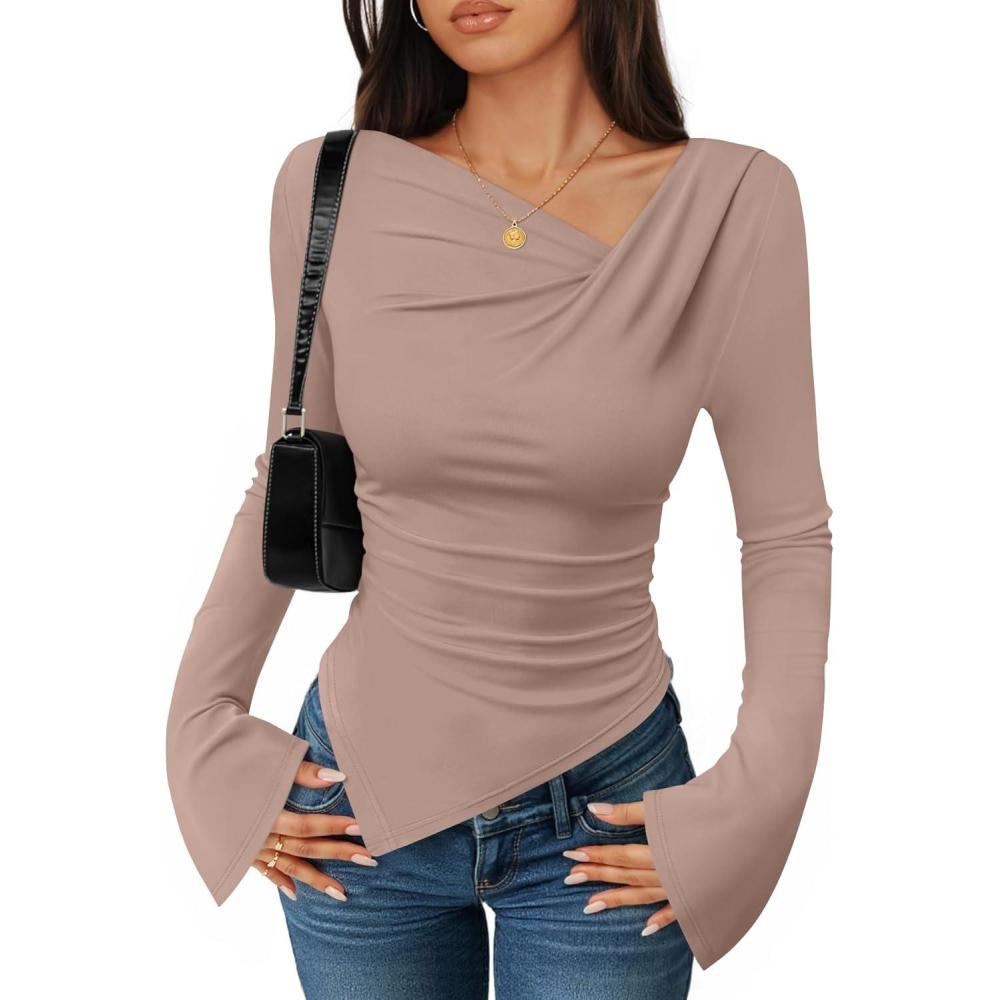 imageZESICA Womens Long Bell Sleeve Shirts 2026 Fall Going Out Asymmetrical Crop Tops Slim Fit Ribbed Ruched Y2K ClothesLightkhaki
