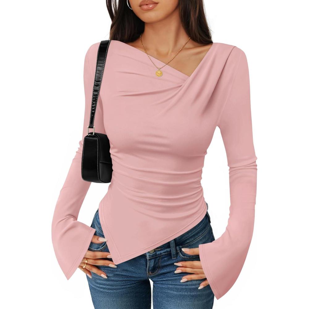 imageZESICA Womens Long Bell Sleeve Shirts 2026 Fall Going Out Asymmetrical Crop Tops Slim Fit Ribbed Ruched Y2K ClothesPink