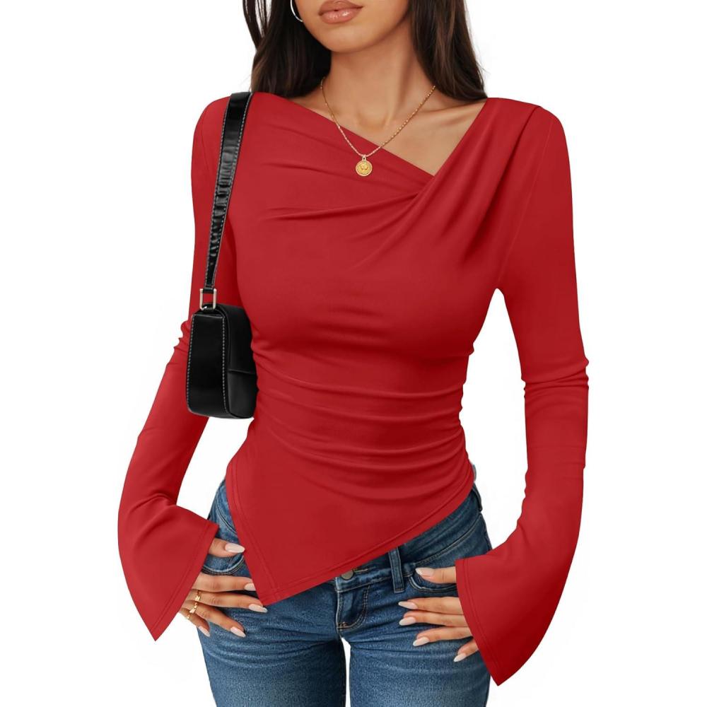 imageZESICA Womens Long Bell Sleeve Shirts 2026 Fall Going Out Asymmetrical Crop Tops Slim Fit Ribbed Ruched Y2K ClothesRed