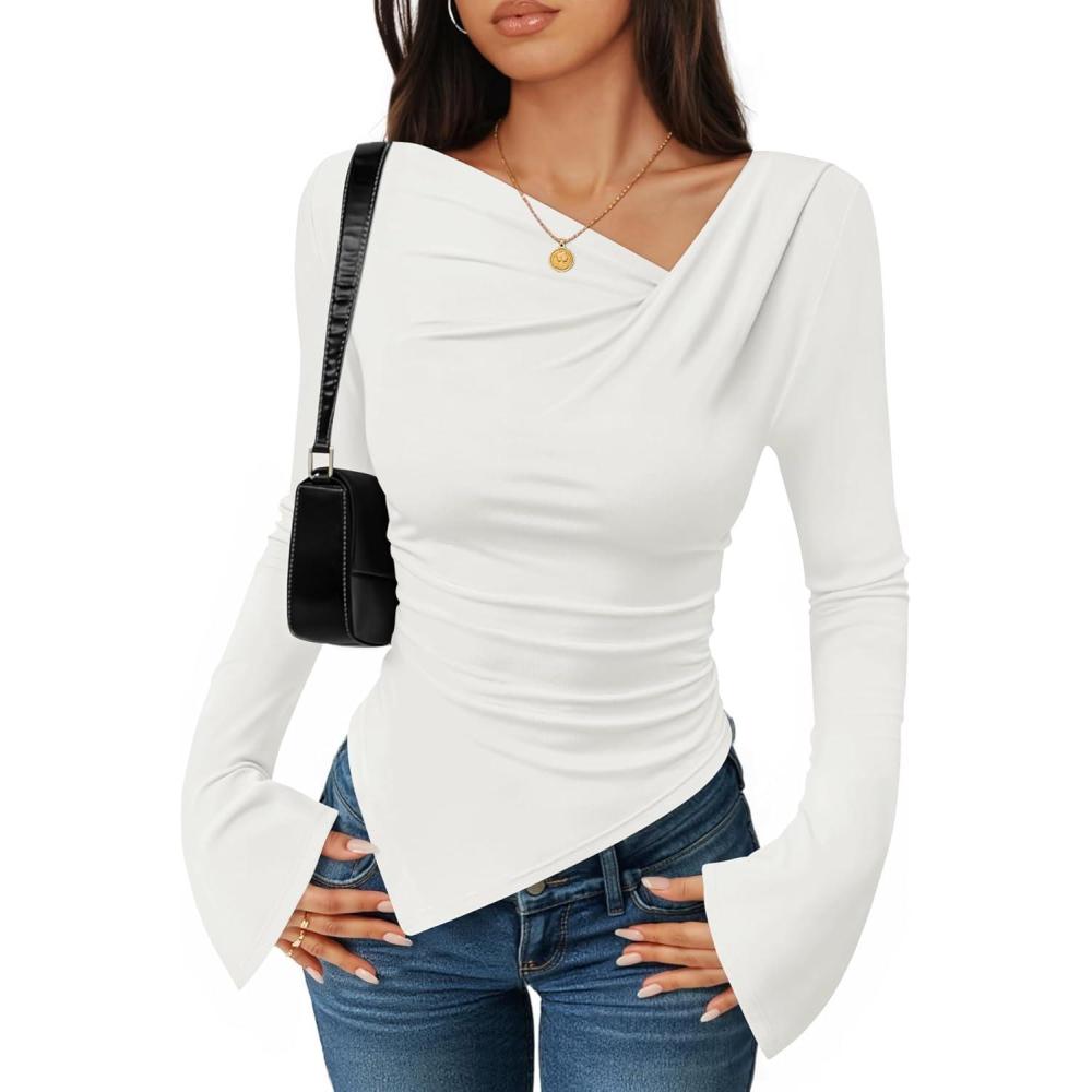 imageZESICA Womens Long Bell Sleeve Shirts 2026 Fall Going Out Asymmetrical Crop Tops Slim Fit Ribbed Ruched Y2K ClothesWhite