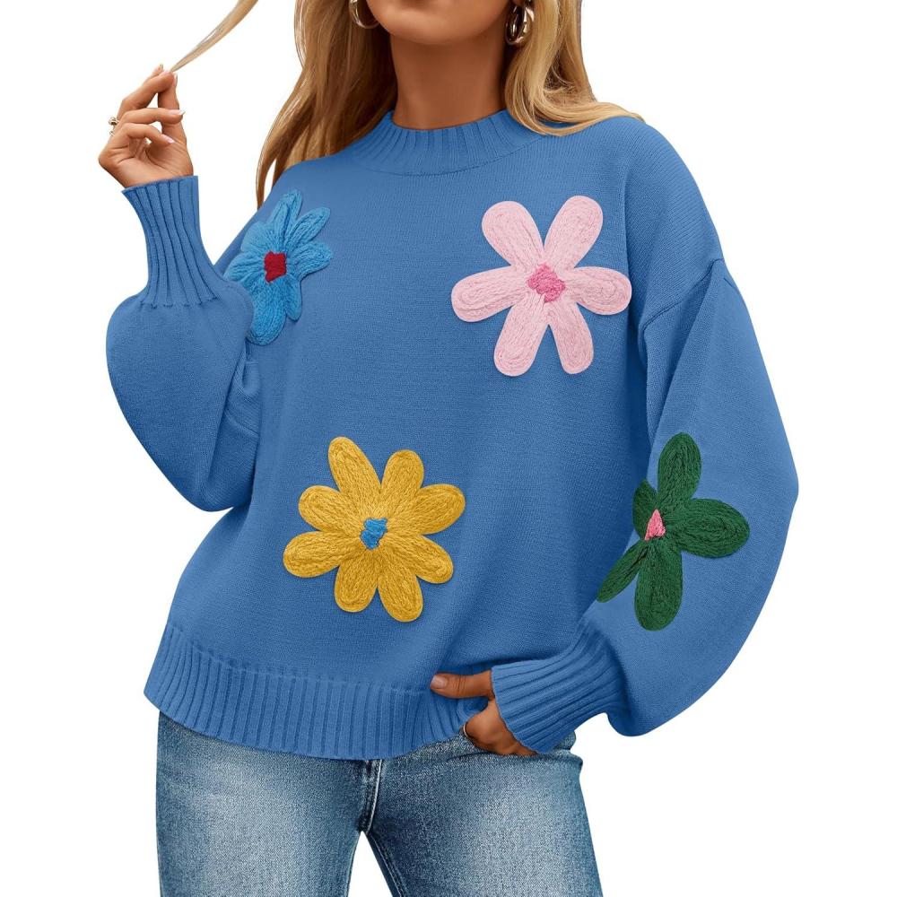 imageZESICA Womens Long Puff Sleeve Sweaters Casual Crewneck Ribbed Knit Flower Color Block Loose Pullover TopsBlue