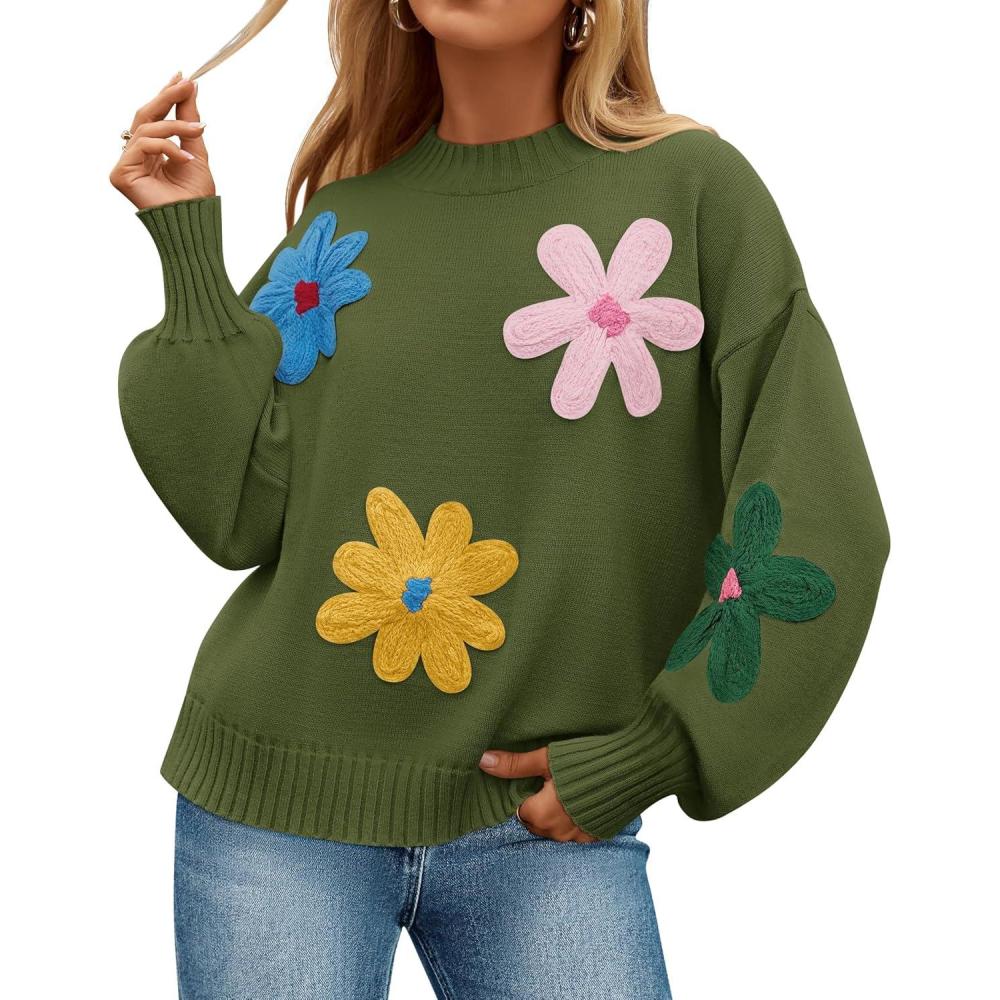 imageZESICA Womens Long Puff Sleeve Sweaters Casual Crewneck Ribbed Knit Flower Color Block Loose Pullover TopsGreen