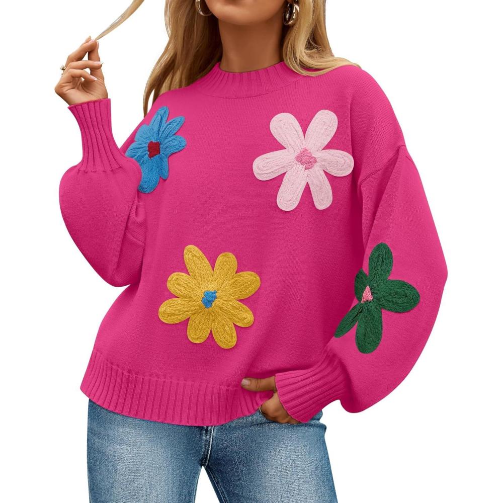 imageZESICA Womens Long Puff Sleeve Sweaters Casual Crewneck Ribbed Knit Flower Color Block Loose Pullover TopsRose