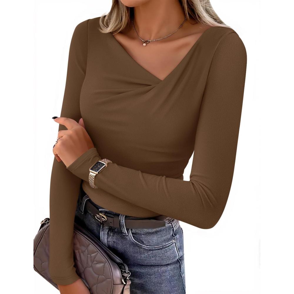 imageZESICA Womens Long Sleeve Asymmetrical Neck Ruched Slim Fit Shirts 2026 Fall Fashion Casual Tee Going Out TopsBrown