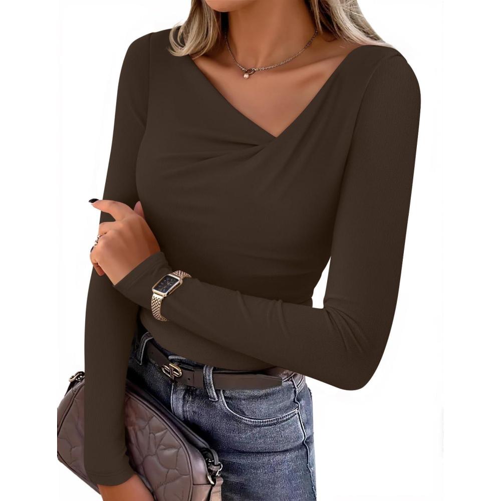 imageZESICA Womens Long Sleeve Asymmetrical Neck Ruched Slim Fit Shirts 2026 Fall Fashion Casual Tee Going Out TopsCoffee Brown