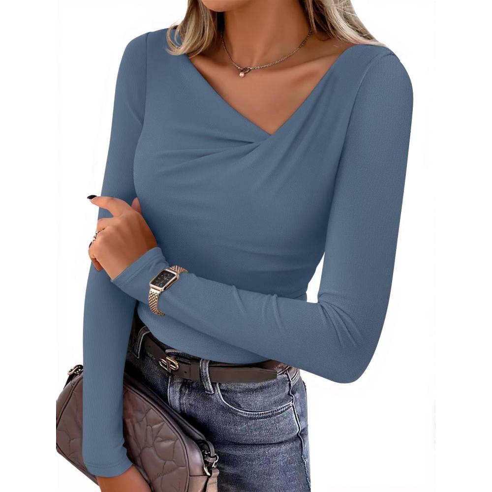 imageZESICA Womens Long Sleeve Asymmetrical Neck Ruched Slim Fit Shirts 2026 Fall Fashion Casual Tee Going Out TopsDusty Blue