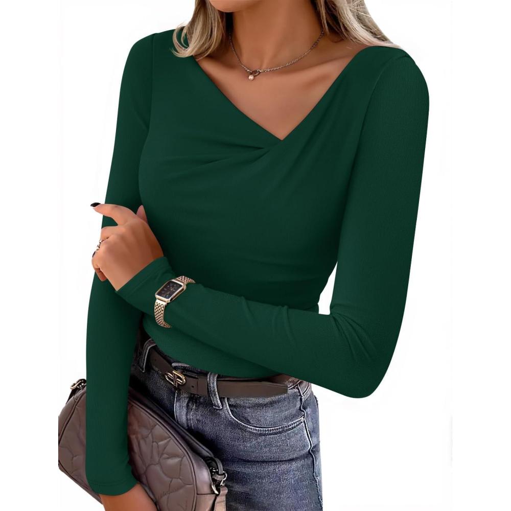 imageZESICA Womens Long Sleeve Asymmetrical Neck Ruched Slim Fit Shirts 2026 Fall Fashion Casual Tee Going Out TopsGreen